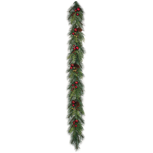 Mixed Pine Garland with Red Ornaments - Themed Rentals - beautiful artificial Christmas garland